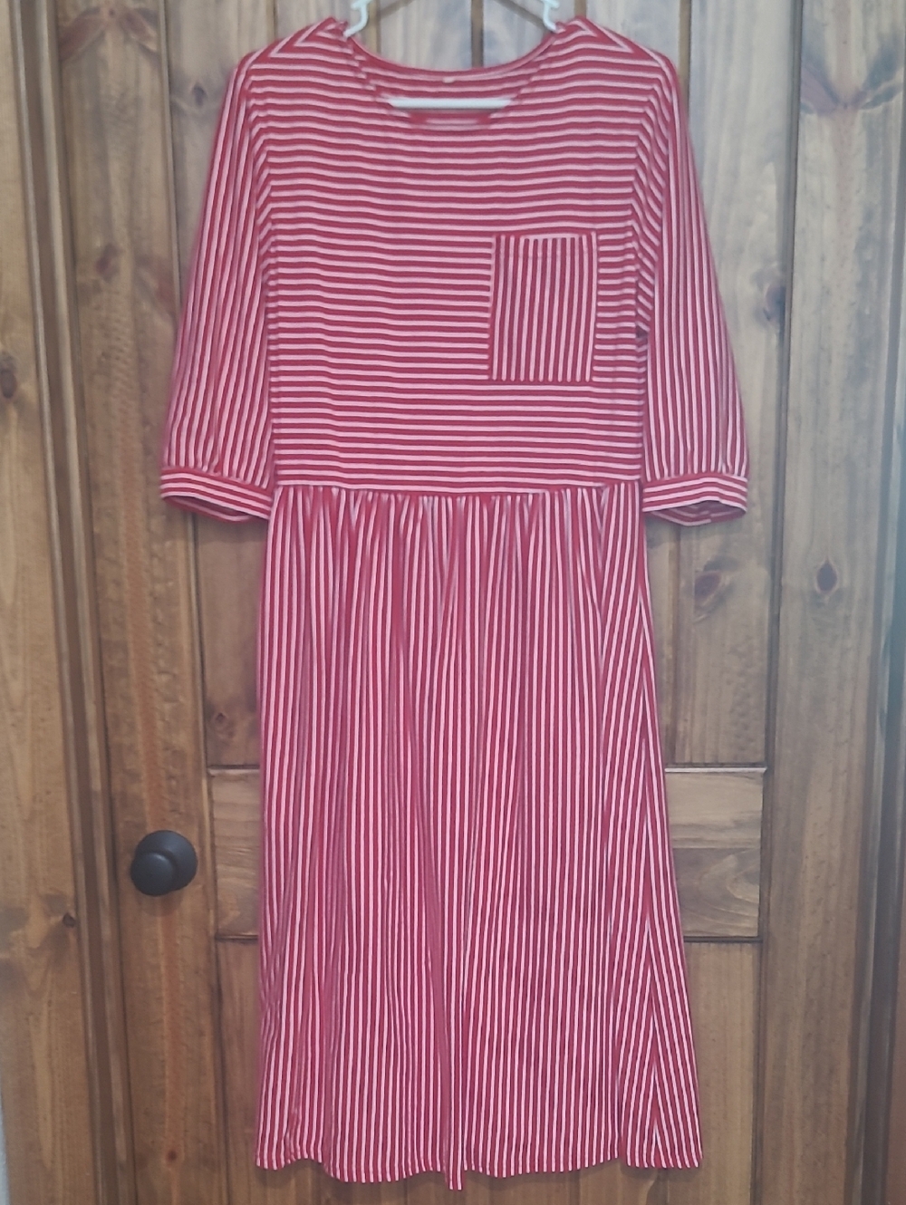 Red and White Striped Midi Dress With Pockets. Size L
